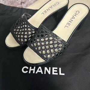 CHANEL Black Woven Mules Size 7.5